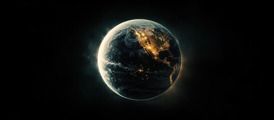A stylized Earth, illuminated from behind, hangs in the inky blackness of space; city lights glimmer faintly across the landmasses, creating a contrast between dark and light
