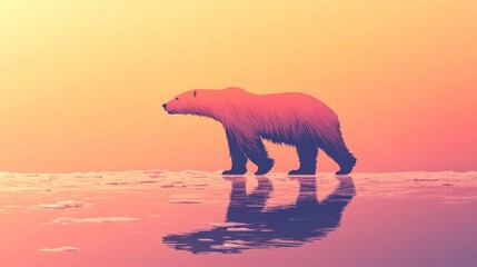 A stylized polar bear walks on melting ice, its reflection mirrored in the water, under a warm sunset. The image uses a low-poly style and muted color palette