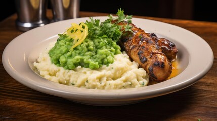 Sausage with mashed potatoes and peas on a plate.
