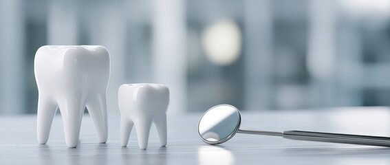 A tooth next to a dental mirror on a blue surface indicates care