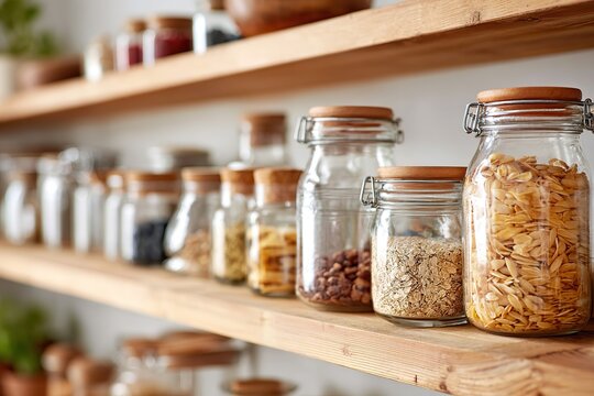 Open shelves display jars filled with grains and snacks in a zero waste kitchen setup
