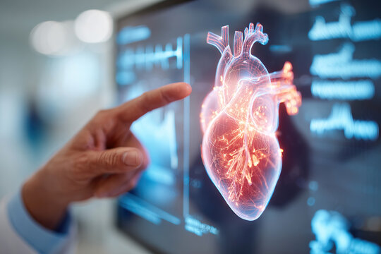 Detailed heart anatomy visualization showcasing blood flow and activity in a clinical setting