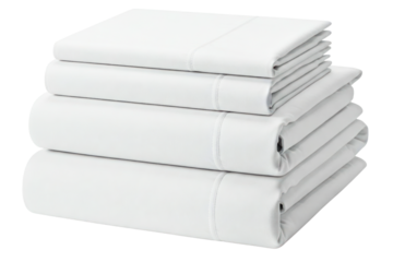 Stack of neatly folded white bed sheets including pillowcases isolated on a transparent background