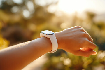 Health tracker mockup displayed on wrist in natural outdoor setting during sunset hours