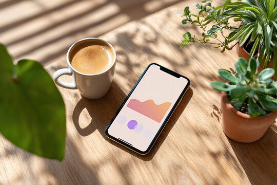 Fintech app displayed on smartphone beside coffee and plants indoors in a cozy setting