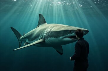 A man looks at a shark through the glass of the aquarium