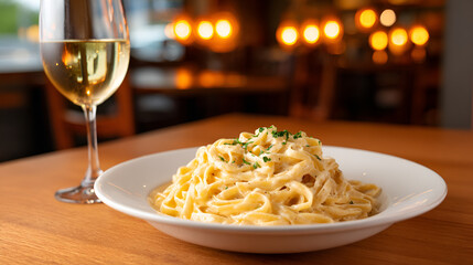 A delicious plate of creamy fettuccine alfredo garnished with herbs, set in warm ambient lighting. white 24443015 1