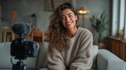 Young female influencer recording vlog at home with camera