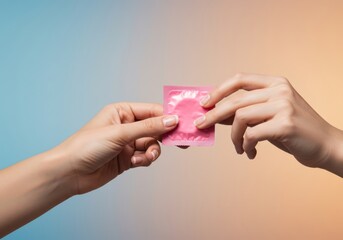 Two Hands Exchanging Pink Condom on Gradient Background