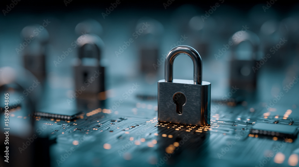 Poster padlocks resting on a circuit board representing cybersecurity and data protection concept art desig