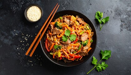 Korean Authentic Cuisine, Japchae or Glass Noodles Stir Fried with Vegetables and Meat 