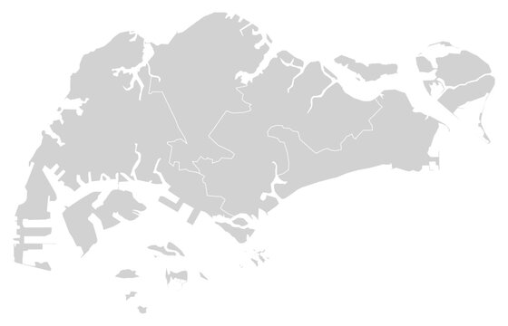 Grey with White Outline Singapore Map with District Borders Asian Country