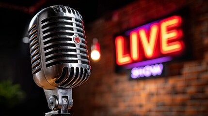A vintage microphone in the foreground with a neon "LIVE SHOW" sign in the background, live entertainment, music performance, stand-up comedy, and public speaking event.