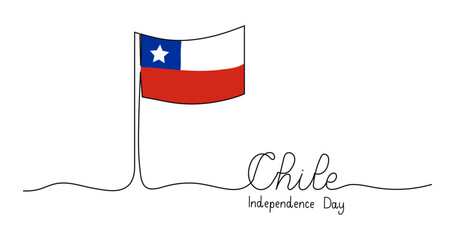Chile Independence Day banner template. Editable stroke hand drawn lettering. One continuous line art background with flag. Outline drawing with typography for poster card.