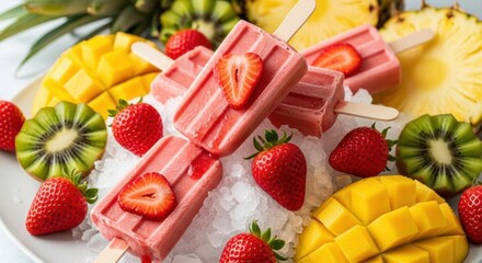 Refreshing strawberry popsicles on ice alongside juicy mango, pineapple, and kiwi slices present a tropical dessert treat.