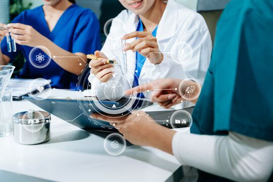 Medical scientists collaborate in a modern lab, using AI and digital holograms to analyze data, experiment