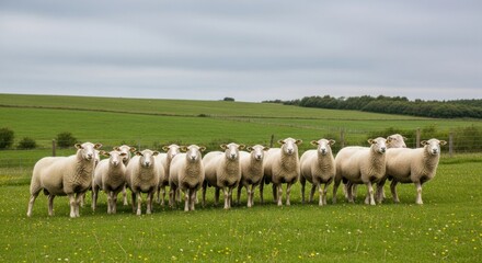 Fototapeta premium A flock of sheep grazes on a lush green pasture under a cloudy sky, portraying serene pastoral scenery