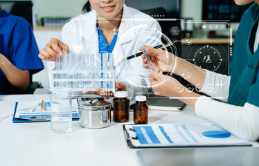 Medical scientists collaborate in a modern lab, using AI and digital holograms to analyze data, experiment