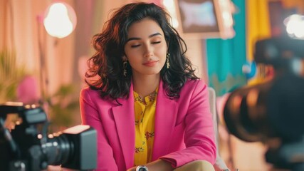 Actress in pink suit and earrings looking back, sitting at camera, on set of film or television production. - Powered by Adobe