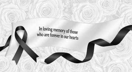 Remembrance card featuring black ribbon, floral backdrop and sympathy message to honor the memory of loved ones