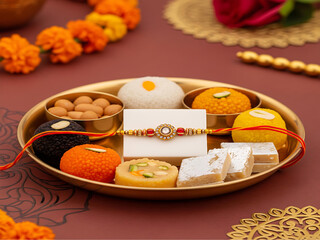 Elegant Rakhi Thali with Traditional Indian Sweets for Raksha Bandhan Celebration