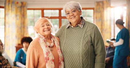 Smile, portrait and hug with old people in nursing home for retirement, healthcare support and...