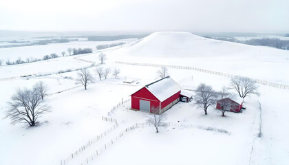 Naklejka premium Aerial view of a red barn in quiet, snow-covered countryside. 