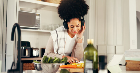 Cooking, woman and recipe on tablet, headphones or smile for instructions on website in home or...