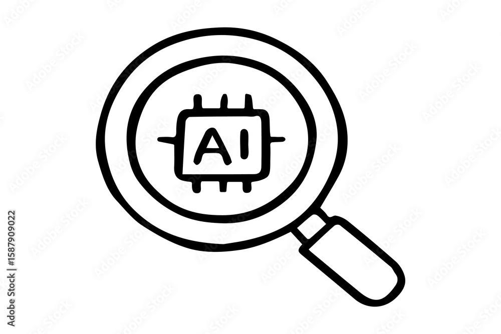 Poster the image is a black and white line art icon featuring a magnifying glass examining a microchip with
