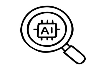 The image is a black and white line art icon featuring a magnifying glass examining a microchip with 