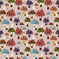 Seamless fantasy vector pattern of charming mushroom houses in various sizes and colors. Ideal for fairy tale designs, children's books, magical themes, and whimsical art projects.