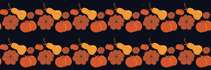 Seamless horizontal border pattern of assorted cartoon pumpkins and gourds in fall colors with vines on a dark background. Ideal for autumn harvest themes, festive trims, and seasonal home decor.