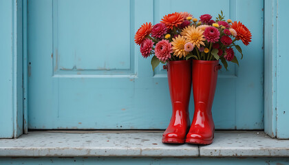  a bright red pair of rain boots filled with a bouquet of colorful flowers, placed against a turquoise wooden background, HD and 4K image
