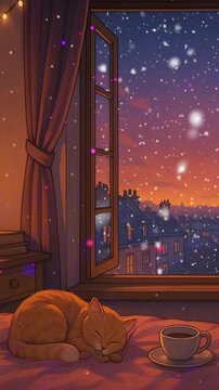 Cozy evening with a sleeping cat and snowfall viewed from a warm window setting. Loop animation