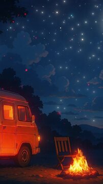 Camping under a starry sky by a cozy fire with a vintage van surrounded by nature. Loop animation