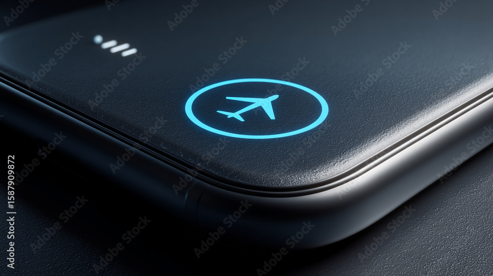 Poster a close up shot of a device with an airplane mode icon and wifi signal indicator on the surface