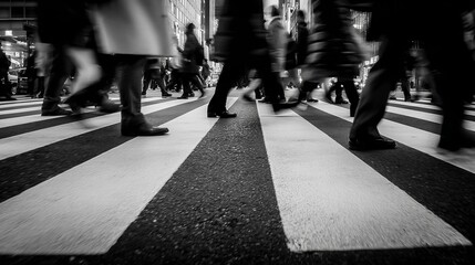 Black and white low-angle view of people crossing a street on a crosswalk, urban movement, busy city life, commute and pedestrian activity, and dynamics of modern society.