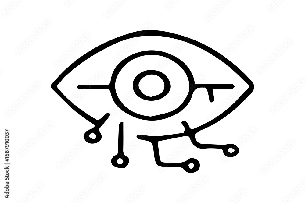 Poster the image is a black and white line art icon of an eye with integrated circuit elements, symbolizing