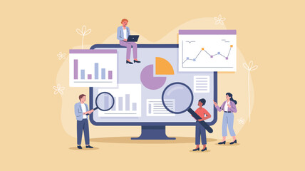 Business Intelligence Workspace Concept. Modern vector flat design showing a desktop monitor with open tabs of analytics graphs, messaging threads, and diverse office team examining data together

