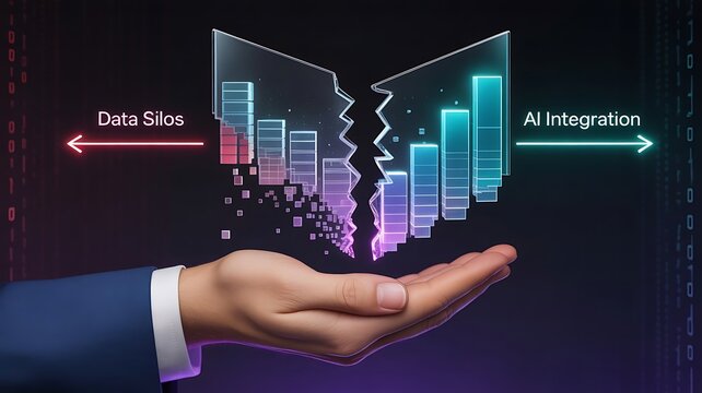 Hand presenting data silos breaking apart for ai integration