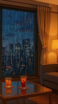 Cozy evening indoors with drinks and raindrops on the window in a bustling city. Loop animation