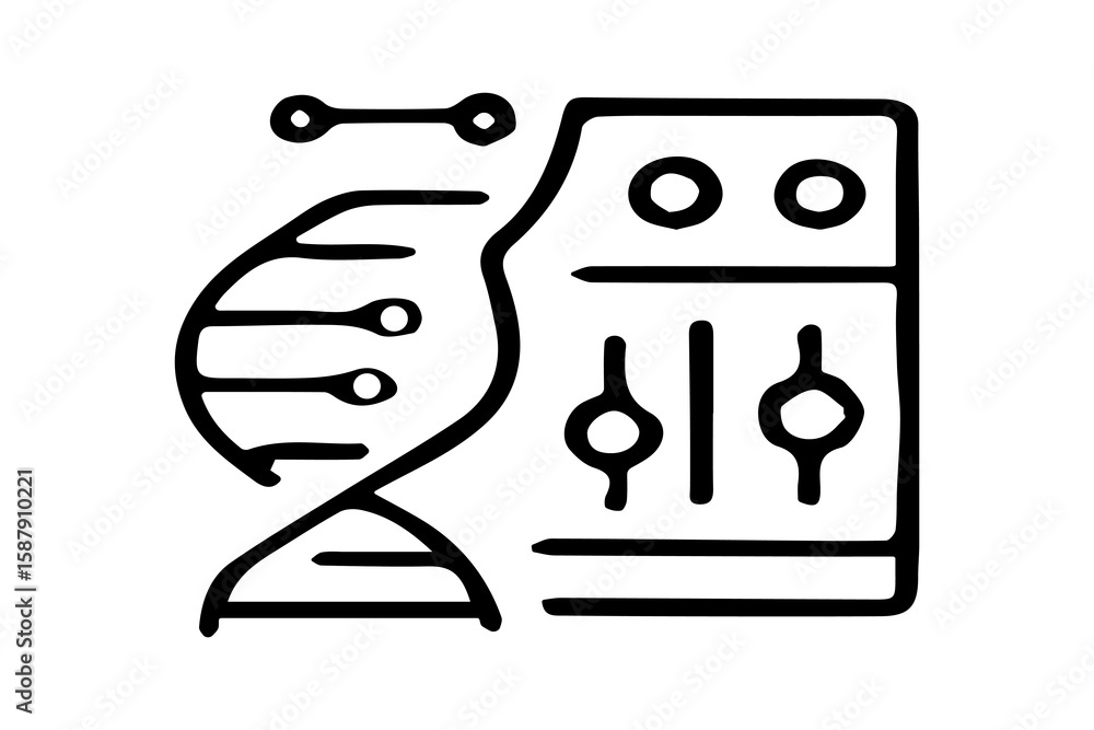 Poster the image is a black and white line art icon that combines elements of dna, circuitry, and a server 