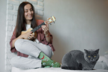 Gray British Shorthair cat sitting on a bed in focus, with a smiling woman playing the ukulele in...
