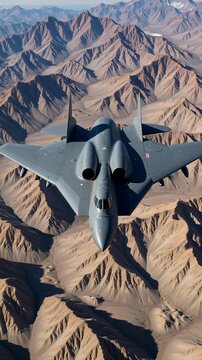 A dark gray B two stealth bomber soars with power and precision over majestic rugged snow capped mountains captured in stunning vertical four K footage.