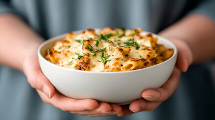 Delicious baked pasta with melted cheese, herbs, and steam rising, held in a hand. Perfect comfort food. white 78186476 1