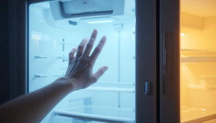 A person's hand reaching towards the inside of an empty refrigerator, illuminated.