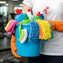 Person in orange gloves holds blue bucket filled with cleaning supplies and microfiber cloths