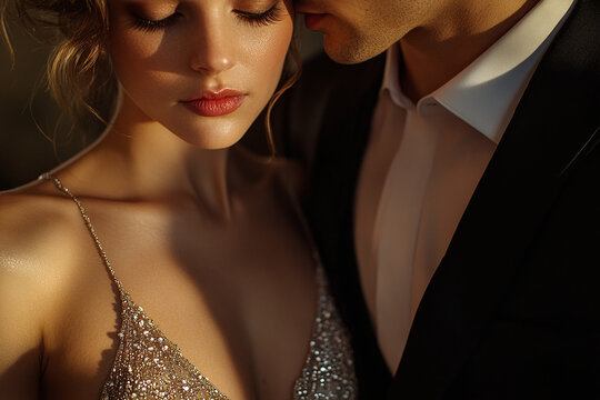 Elegant Couple Embracing in Formal Attire with Romantic Atmosphere