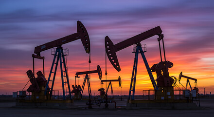 Industrial oil pump jacks working in a desert oil field. Large mechanical oil extraction machines used for crude oil production. Concept of energy industry, petroleum engineering, fossil fuels, and na
