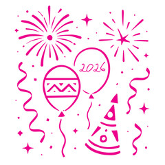 New Year 2026 Celebration Black Vector Illustration, Balloons, Fireworks, Confetti, and Party Elements for Festive Designs, Editable Formats: AI, EPS, JPG, PNG, Ideal for Both Digital and Print Use
